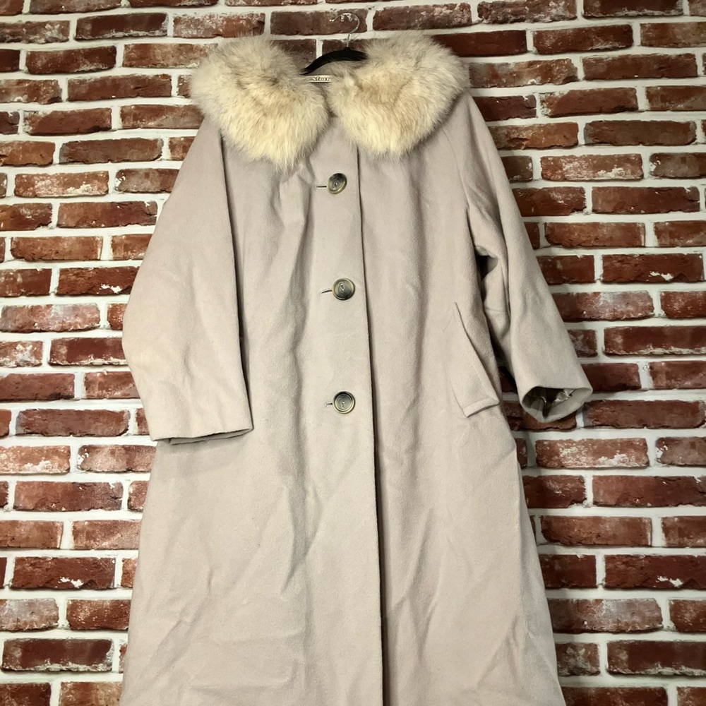 Vintage Alorna 100% Wool Cream Coat Full Length With Soft Faux Fur Collar size L